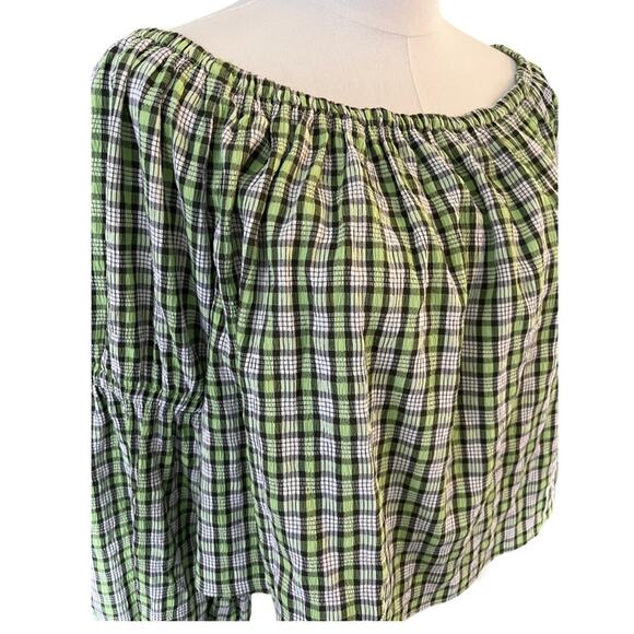 Topshop Green Plaid Off Shoulder Peasant Blouse Long Sleeve Women's US 6 NWT - Picture 4 of 6